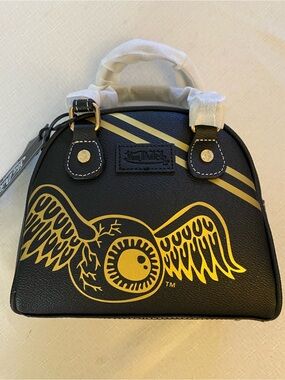 Von Dutch Black Bowling Bag with Gold Winged Eyeball Graphic and Racing Stipe